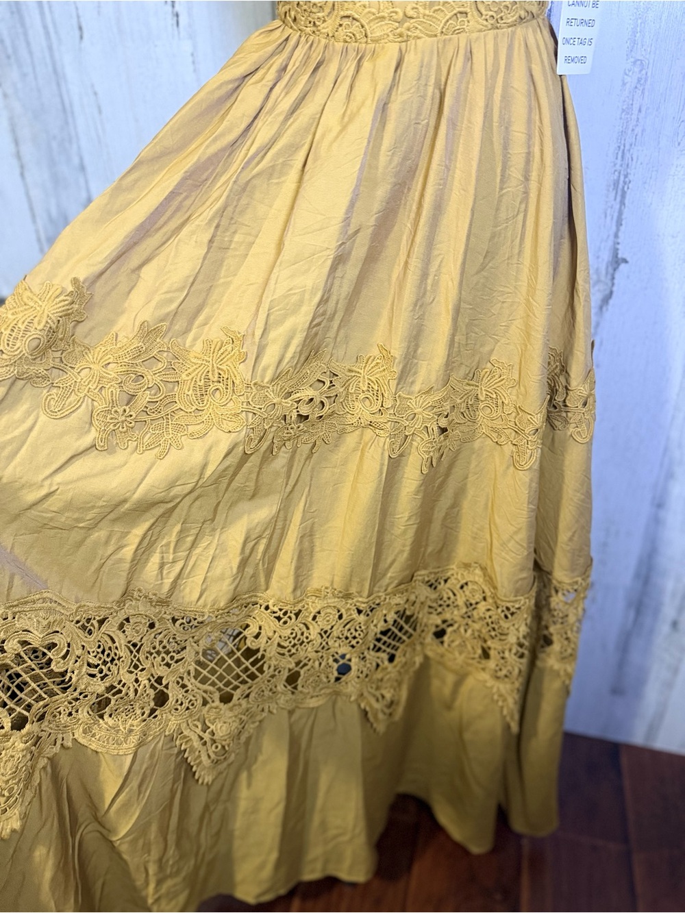 Joyfolie Mustard Yellow Lace Halter Maxi Dress Sz XXS NWT Open Back Boho - Picture 7 of 16